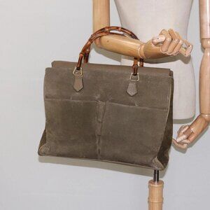 GUCCI Bamboo Hand Bag Suede Khaki Gold Auth